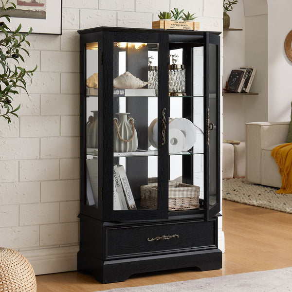 English Elm Lighted Curio Cabinet With Adjustable Shelves & Built-In Drawer - Elegant Display With Lighting, Black W1758P297549