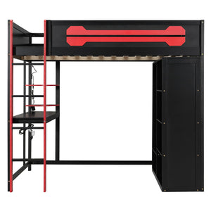 English Elm Full Size Gaming Loft Bed with Rgb Lighting Integrated Desk and Open Wardrobe N820S00073J