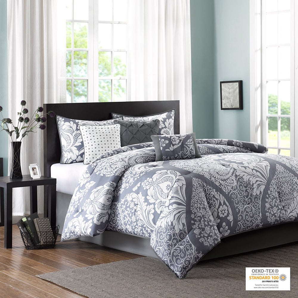 JLA Home Madison Park - 7 Madison Park Vienna Cotton Sateen Comforter Set – OEKO‑TEX Damask Embroidery, Flange Border, Layered Texture 92 L x 104 W x 1.5H MP10-502