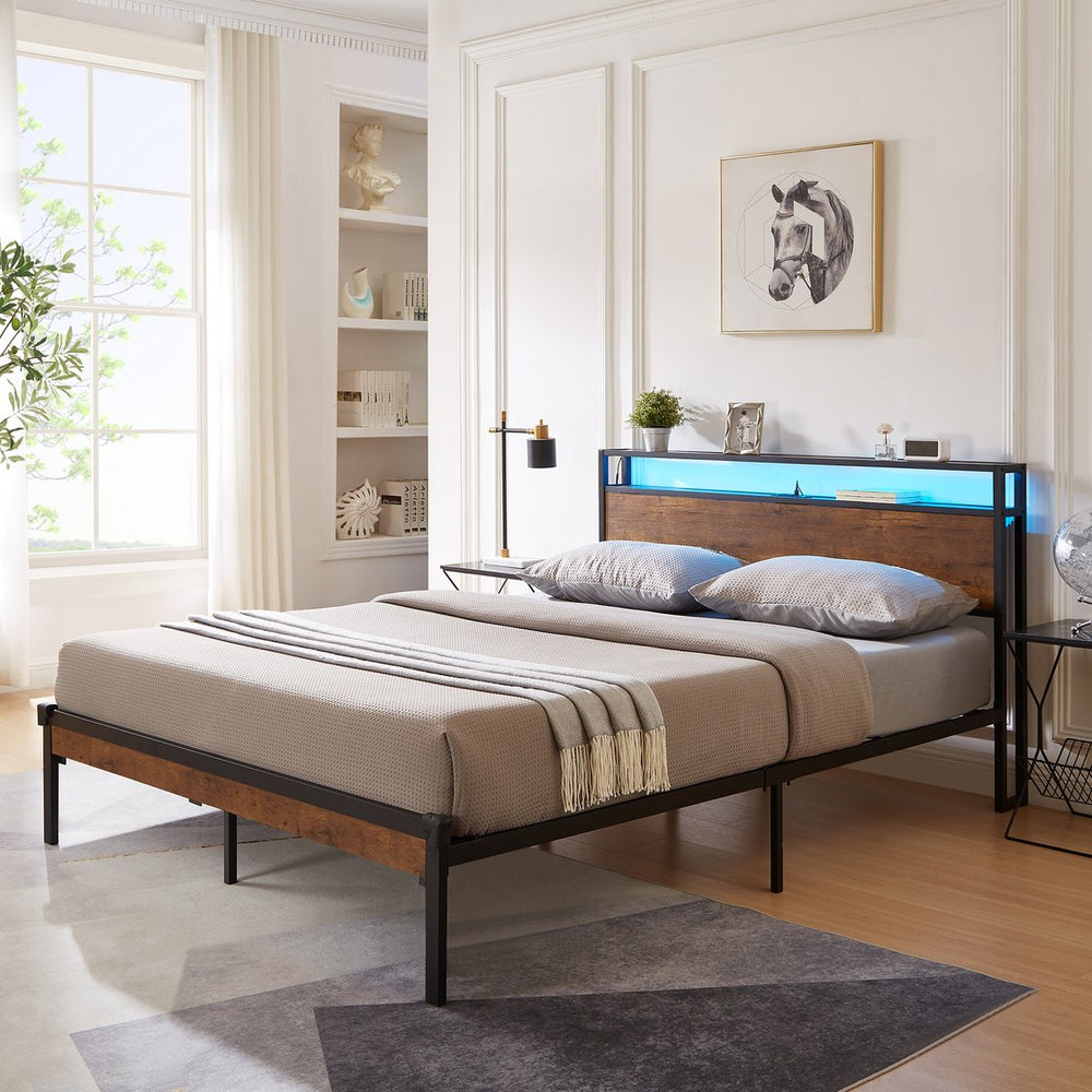 English Elm Twin Steel Platform Bed Wooden Headboard Usb Charging Under Storage Modern Frame W311134460