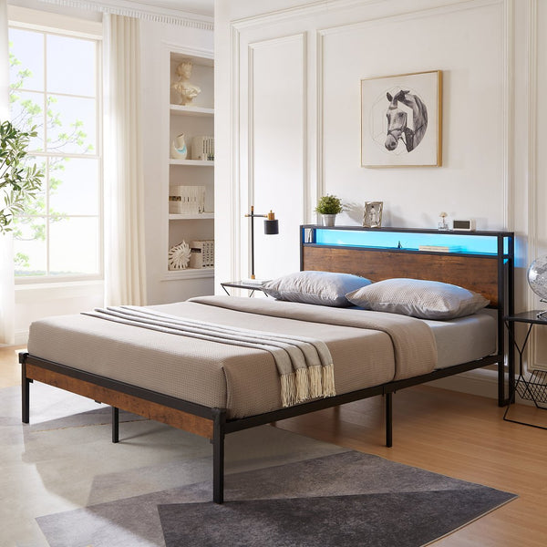 English Elm Twin Steel Platform Bed Wooden Headboard Usb Charging Under Storage Modern Frame W311134460