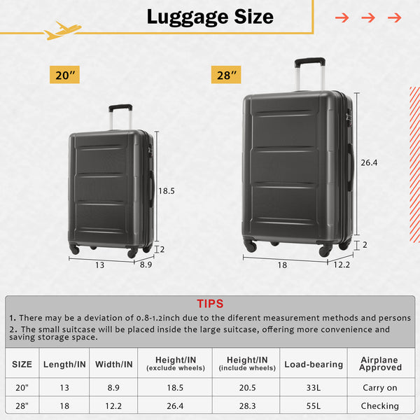 English Elm 2 Piece Abs Hard Shell Spinner Luggage Set with Tsa Lock Expandable Suitcases Dark Gray N732P198745B