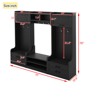English Elm 4-in-1 Hall Tree with Bench, 7 Hooks, 2 Cabinets & 4 Drawers for Entryway Storage and Seating Black W1580S00089