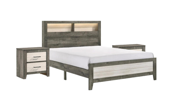 English Elm 1pc Queen Size Platform Storage Bed with Plank Headboard and Built-In Lighting, Modern Farmhouse Design Beige,Gray 66.9 L x 30.7 W x 11.25 H B2741P343797