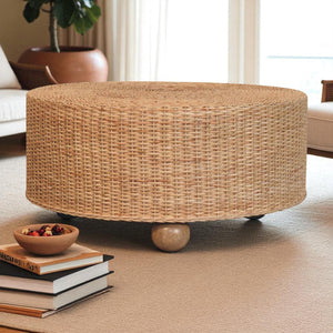 English Elm Solid Mango Wood Round Coffee Table Handwoven Rattan Boho Living Room Accent B182P372112