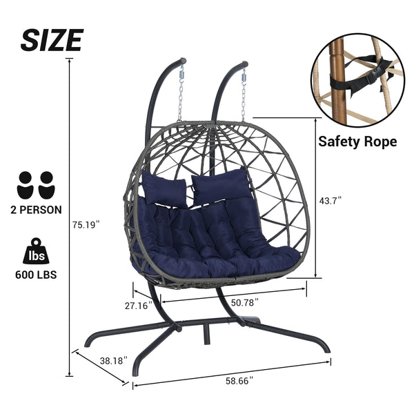 English Elm Double Hanging Egg Chair with Freestanding Iron Stand Woven Wicker Patio Swing Seat W874P270573
