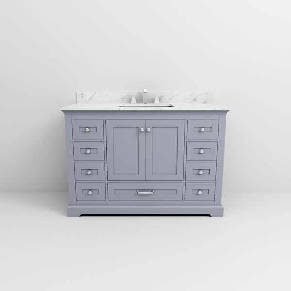 English Elm Dark Grey 48" Single Bath Vanity with Carrara Marble Top, 9 Drawers, Soft-Close, Chrome Faucet Set B2731P258351