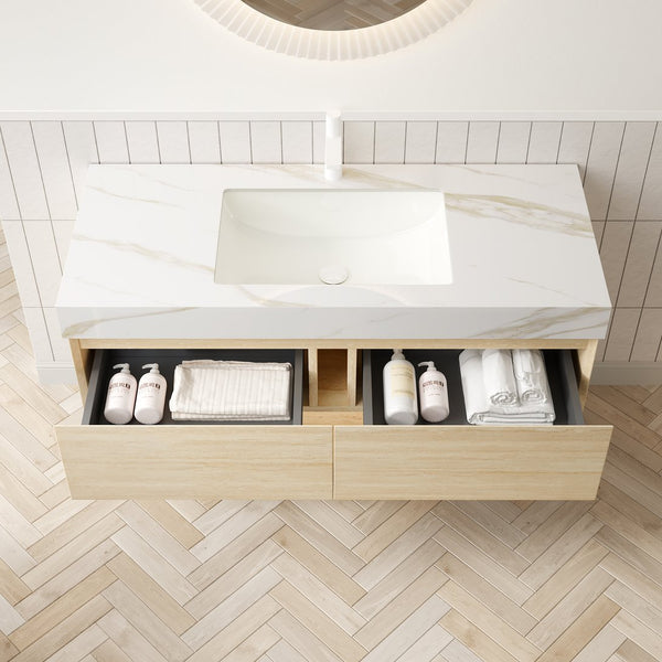 English Elm FRIGGA 48" Bathroom Vanity with Calacatta Gold Sintered Stone Top, Ceramic Basin, LED Sensor Light, Plywood Cabinet W2615S00294