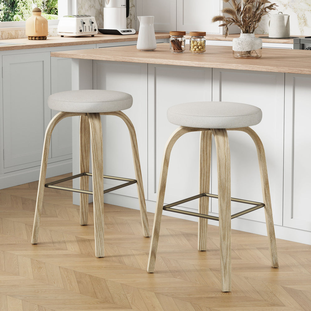 English Elm Swivel Backless Counter Stools Set of 2 with Fabric Seat Bentwood Legs Mid-century Modern Beige W3107P446882