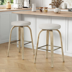 English Elm Swivel Backless Counter Stools Set of 2 with Fabric Seat Bentwood Legs Mid-century Modern Beige W3107P446882