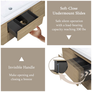 English Elm 60'' Floating Wall Mount Vanity Dual Quartz Basins Smoked Walnut Fluted Cabinet W1920P385500