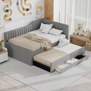 English Elm Full Upholstered Daybed with Trundle and Three Drawers, Linen-Blend Fabric, Space-Saving Guest Bed, Storage-Friendly Design Gray DL002058AAE