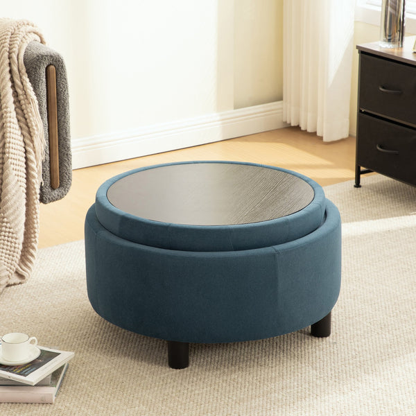 English Elm 29.33"w Fleece Tufted Round Storage Ottoman Reversible Lid Footstool for Living Room Blue W3189P422398