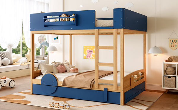 English Elm Queen Bunk Bed with Trundle Solid Pine Kids Car Themed Frame Built-in Bookshelf Blue,Natural W1580S00447