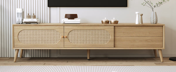 English Elm Boho Rattan-Style TV Stand for TVs up to 80" — Modern Farmhouse Media Console with Storage Drawer and Cable Management N710P222775P