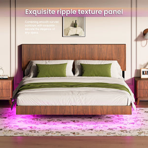 English Elm Oak Queen Floating Bed Walnut Finish Wavy Headboard Led Lighting Built in Charging W1820P408090
