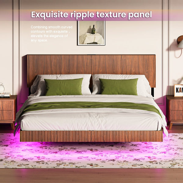 English Elm Oak Queen Floating Bed Walnut Finish Wavy Headboard Led Lighting Built in Charging W1820P408090