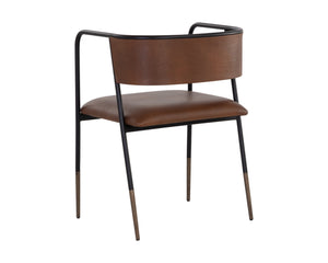 Sunpan Brenan Dining Armchair – Elegant Curved Backrest, Faux Leather Comfort, Black Metal Frame, Unique Craftsmanship Bravo Cognac