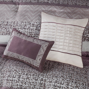 JLA Home Madison Park - 7 Jacquard Comforter Set — 7-Piece Purple & Grey Stripe Reversible Bedding with Decorative Pillows, Bed Skirt MP10-7329