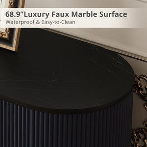 English Elm 65 Inch Fluted Media Console with Marble Look Top Gold Hardware Natural Finish Blue T5618P448227
