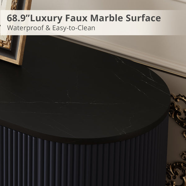 English Elm 65 Inch Fluted Media Console with Marble Look Top Gold Hardware Natural Finish Blue T5618P448227