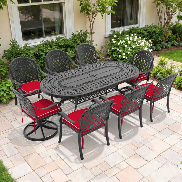 English Elm 9-piece Outdoor Cast Aluminum Dining Set with Oval Table and Swivel Chairs Included W1710S00383