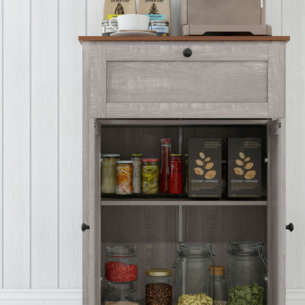 English Elm HOMCOM Rustic Farmhouse Sideboard Buffet Cabinet with Barn Doors, Drawer & Adjustable Shelves for Entryway Light Gray W2225P229126