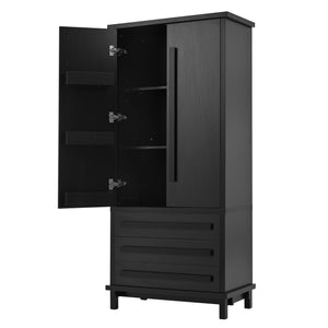 English Elm 70" Tall Pantry Cabinet Rubberwood Legs Three Drawers Six Door Shelves Kitchen Storage Black N762P326960B