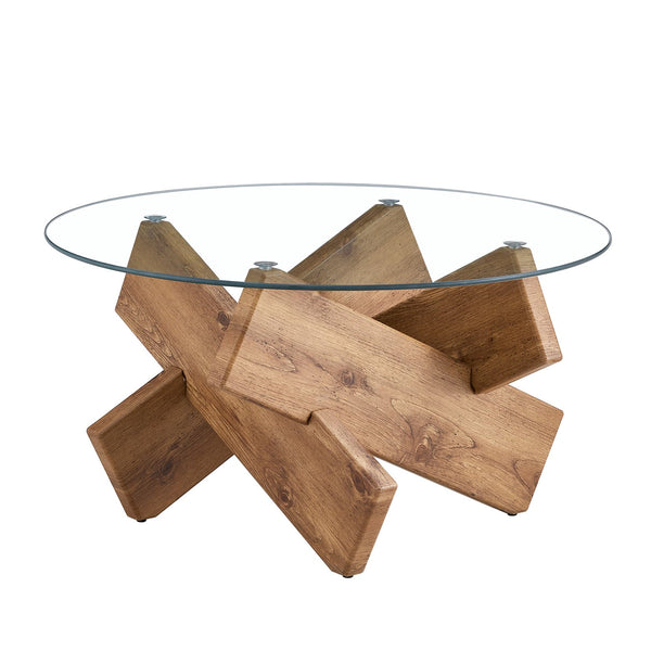 English Elm Circular glass coffee table 33.4" Modern round tempered glass top with wood MDF legs, 130 lb capacity, easy assembly W1151P143350