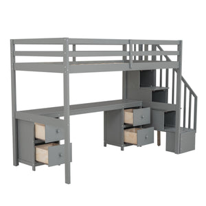 English Elm Twin Loft Bed with Built-In Desk and Double Storage Drawers, Pine & MDF Frame for Small Rooms Gray GX000382AAE