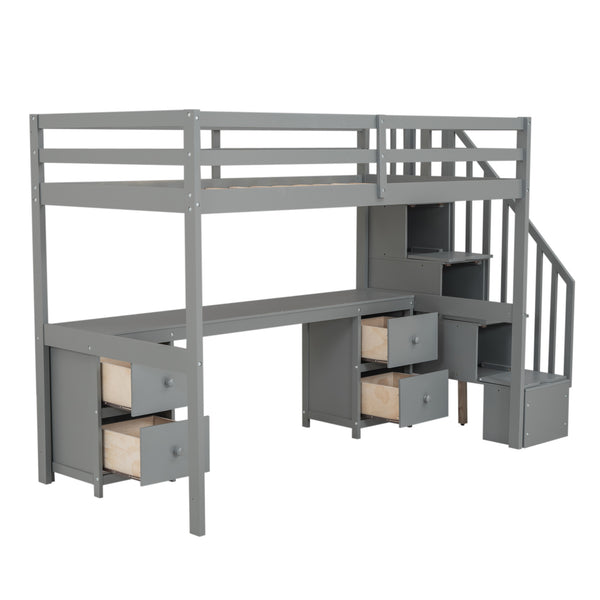 English Elm Twin Loft Bed with Built-In Desk and Double Storage Drawers, Pine & MDF Frame for Small Rooms Gray GX000382AAE