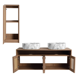 English Elm 48" Floating Bathroom Vanity Dual Ceramic Vessel Sinks Oak Finish Soft Close Doors W999S00500