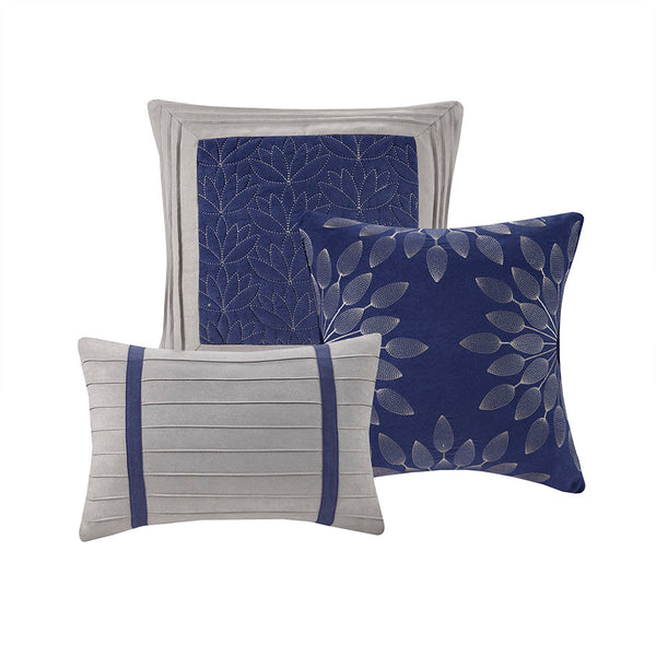 JLA Home Madison Park - 7 Palmer Comforter Set with Luxe Faux Suede Microsuede Panels, Embroidered Accent Pillows & Bed Skirt Blue MP10-2263