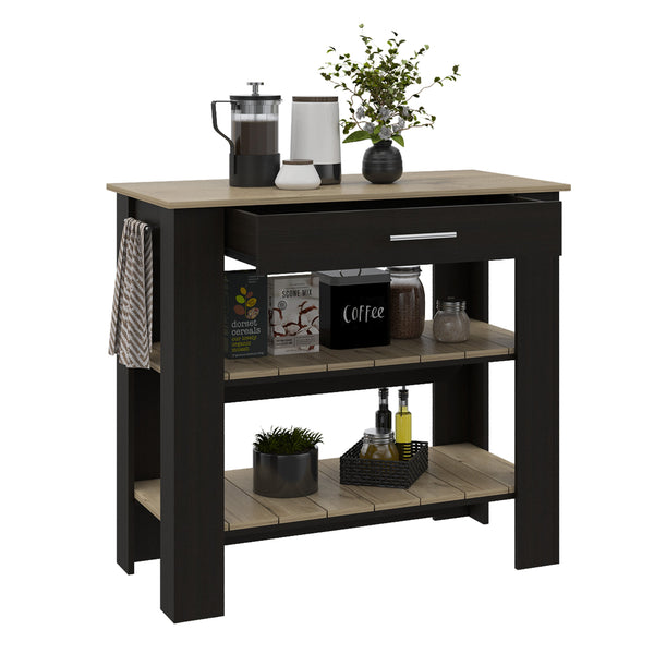English Elm Kitchen Island With Open Shelves, Drawer, Towel Hanger, Black & Light Oak Finish For Versatile Style B097132959