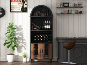 English Elm 71"Farmhouse Arched Wine Bar Cabinet with 15 Bottle Racks, 16 Glass Holders, Anti-Tip Safety for Living/Dining Black+Natural W2977P338242