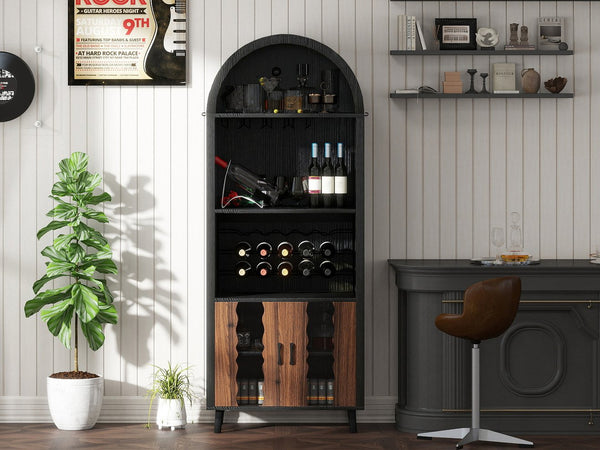 English Elm 71"Farmhouse Arched Wine Bar Cabinet with 15 Bottle Racks, 16 Glass Holders, Anti-Tip Safety for Living/Dining Black+Natural W2977P338242