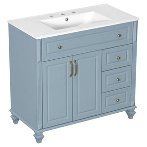 English Elm 36" Bathroom Vanity - Modern Blue Grey Solid Wood Cabinet With Elegant Gold Handles & Ample Storage N725P356069E
