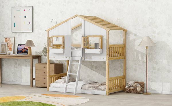 English Elm Twin House Bunk Bed with Roof, Window Box, Door, Guardrails & Ladder—Sturdy Pine Playful Design for Kids Natural+White W504S00147