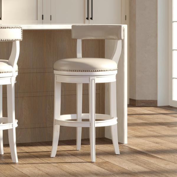 English Elm 31" Swivel Barstool Linen Upholstered Seat Nailhead Trim Warm Wood Kitchen Island White B2751P436449