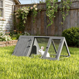 English Elm Stable Triangular Rabbit Hutch Fir Wood Frame with Wire Mesh Run for Small Animals T3971P487082