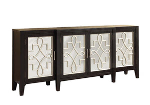 English Elm Kacia Antique Black Console Cabinet with Gold Ornamental Mirror Front, 4-Door Storage, Solid Wood Legs B2726P277145
