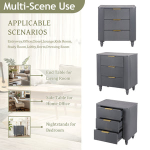 English Elm Mid-century Fluted 3 Drawer Nightstand with Gourd Legs and Gold Tone Handles for Bedroom Dark Gray N761P285712D