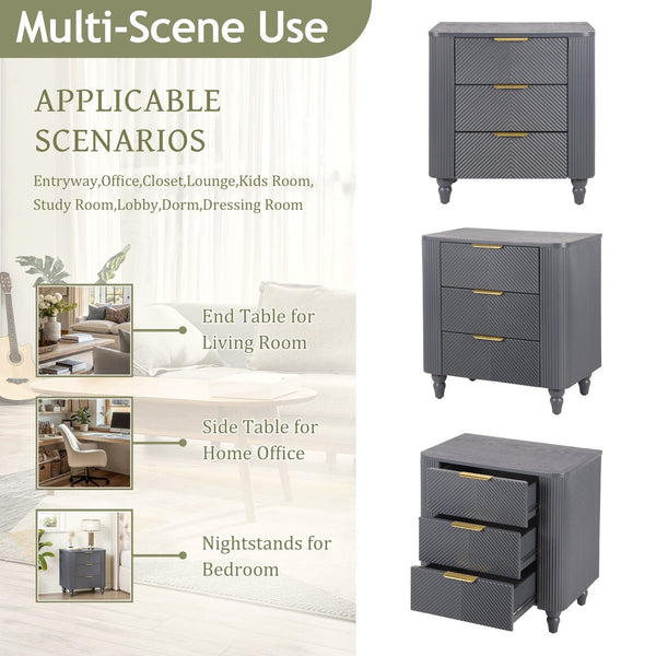 English Elm Mid-century Fluted 3 Drawer Nightstand with Gourd Legs and Gold Tone Handles for Bedroom Dark Gray N761P285712D