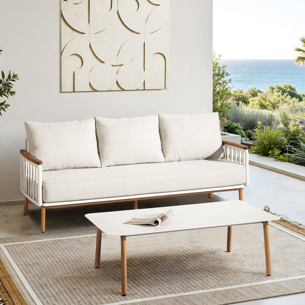 English Elm Jennifer Taylor Home - Calarono Teak & Aluminum 2pc Outdoor Sofa + Coffee Table Set in Sand Dune Chenille — Durable, UV‑Resistant Comfort and Modern Slatted Design B2719P320845