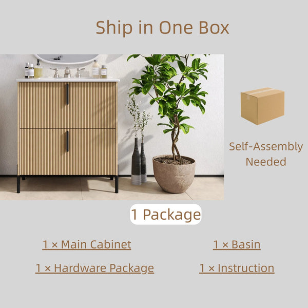 English Elm Christopher Knight Home® - 30" Bathroom Vanity With Ceramic Sink, Soft-Close Drawers & Elegant Fluted Design For Small Spaces N817P295761N