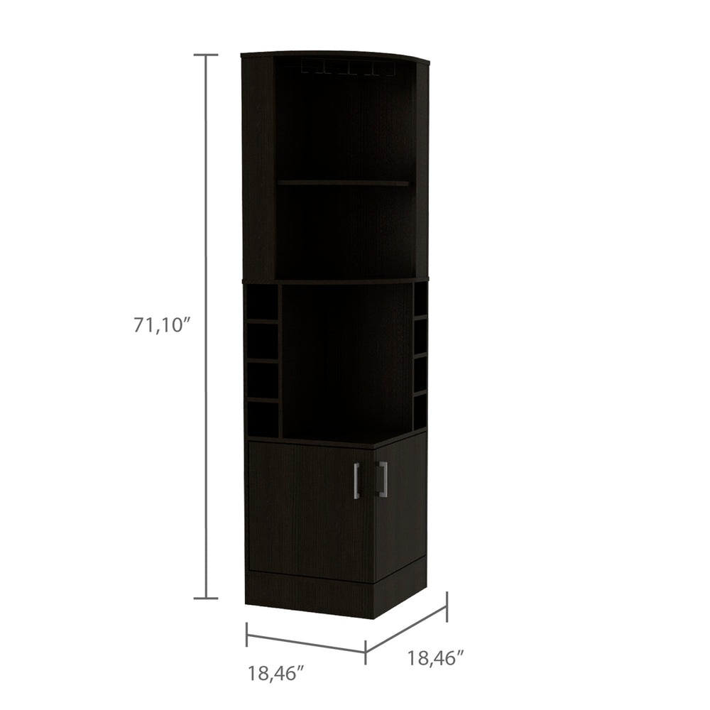 English Elm Corner Bar Cabinet 71" H - Sleek Black Design With 12-Glass Rack, 8 Bottle Racks, And Storage Drawer B097132993