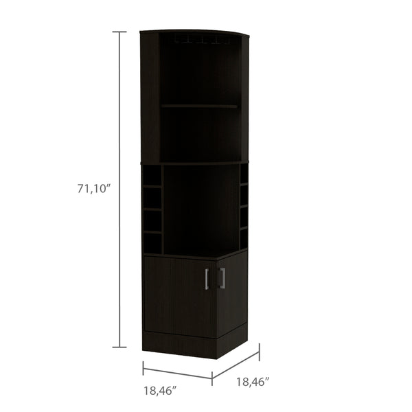English Elm Corner Bar Cabinet 71" H - Sleek Black Design With 12-Glass Rack, 8 Bottle Racks, And Storage Drawer B097132993