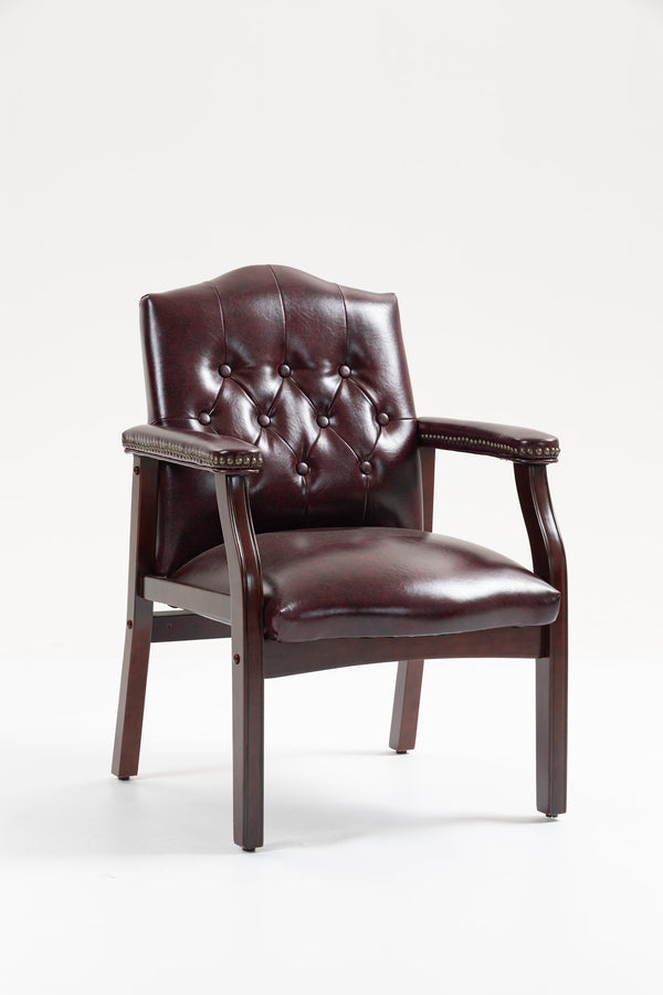 English Elm Leather Reception Guest Chair Burgundy Tufted Mid-Back with Padded Arms Seat 275lb Capacity, Elegant Mahogany Finish W1333P338901