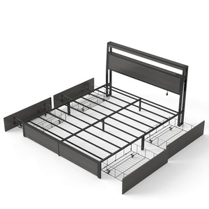 English Elm Queen Metal Platform Bed with Rgb Led Headboard Charging Station and Underbed Storage T3963P483012