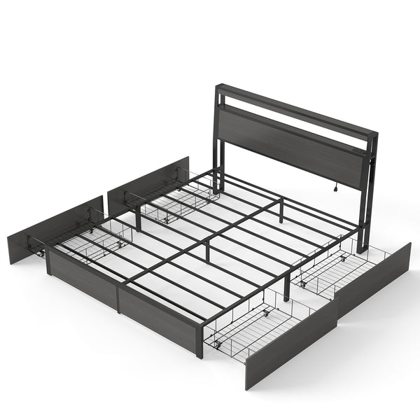 English Elm Queen Metal Platform Bed with Rgb Led Headboard Charging Station and Underbed Storage T3963P483012